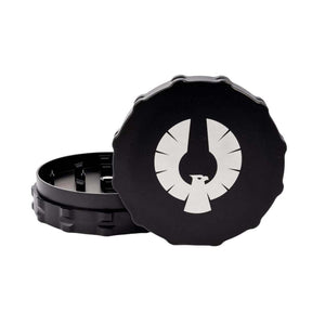 Black Phoenician two-piece grinder with logo, designed for precise herb grinding and durability. Best 2 piece grinder.
