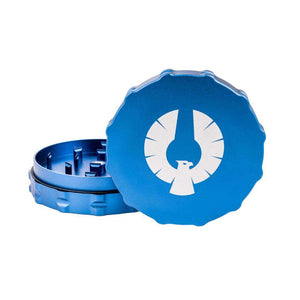 Blue 2 piece grinder with notched groove design, featuring a precision-engineered, durable aluminum finish.