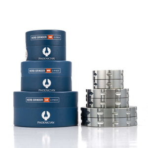 2 piece herb grinder collection by Phoenician, showcasing various sizes and durable design for precision grinding.