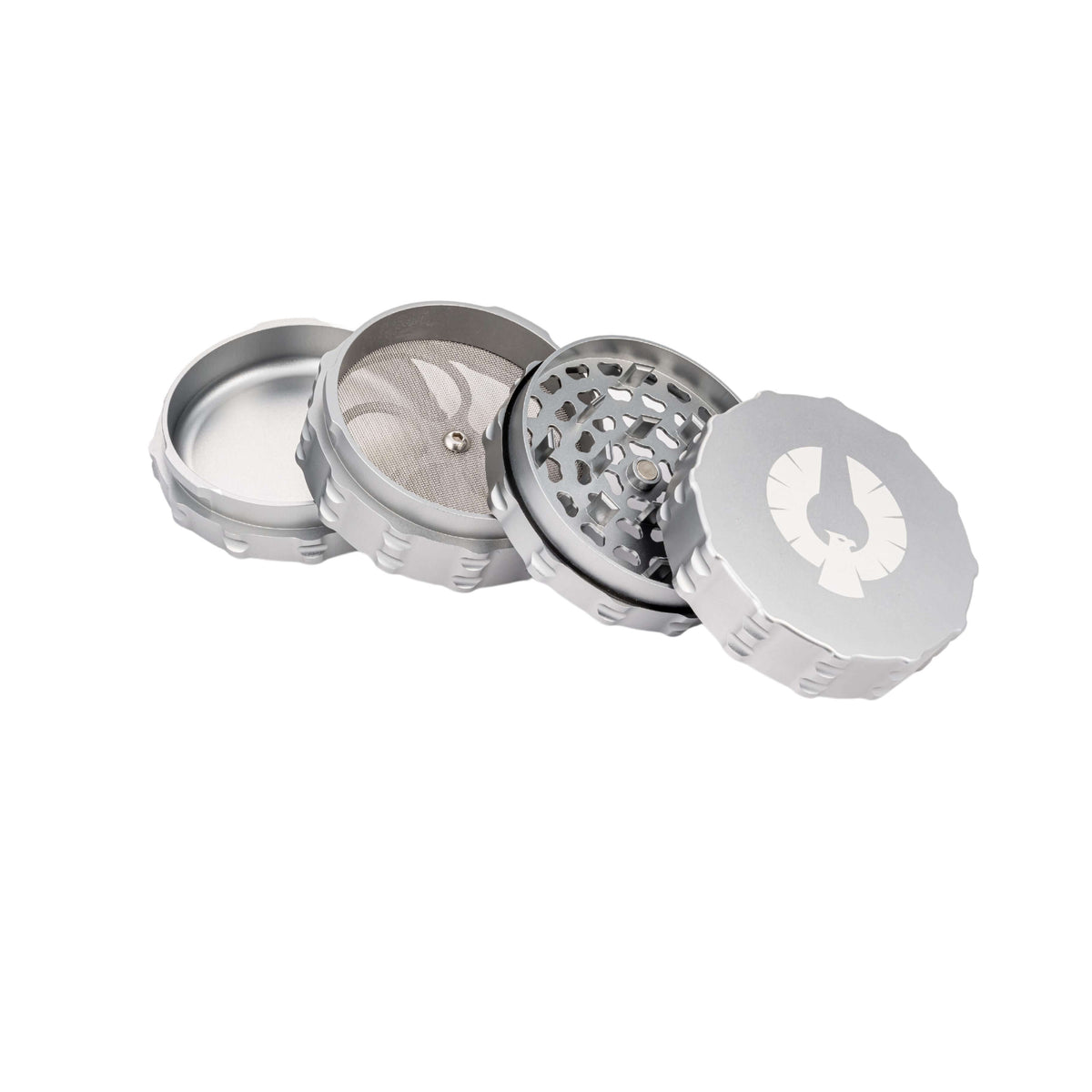 4 piece large flat top herb grinder made from premium aluminum, showcasing its quality and design.