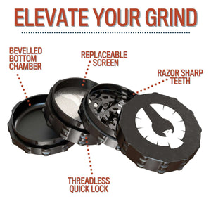 Phoenician 4 Piece Large Flat Top herb grinder showcasing features like razor sharp teeth and replaceable screen.