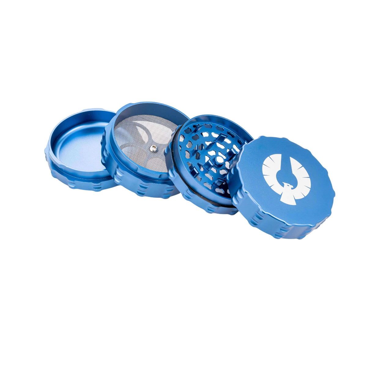 Blue 4 piece large flat top herb grinder showcasing four components, ideal for cannabis enthusiasts. Large herb grinder for sale.