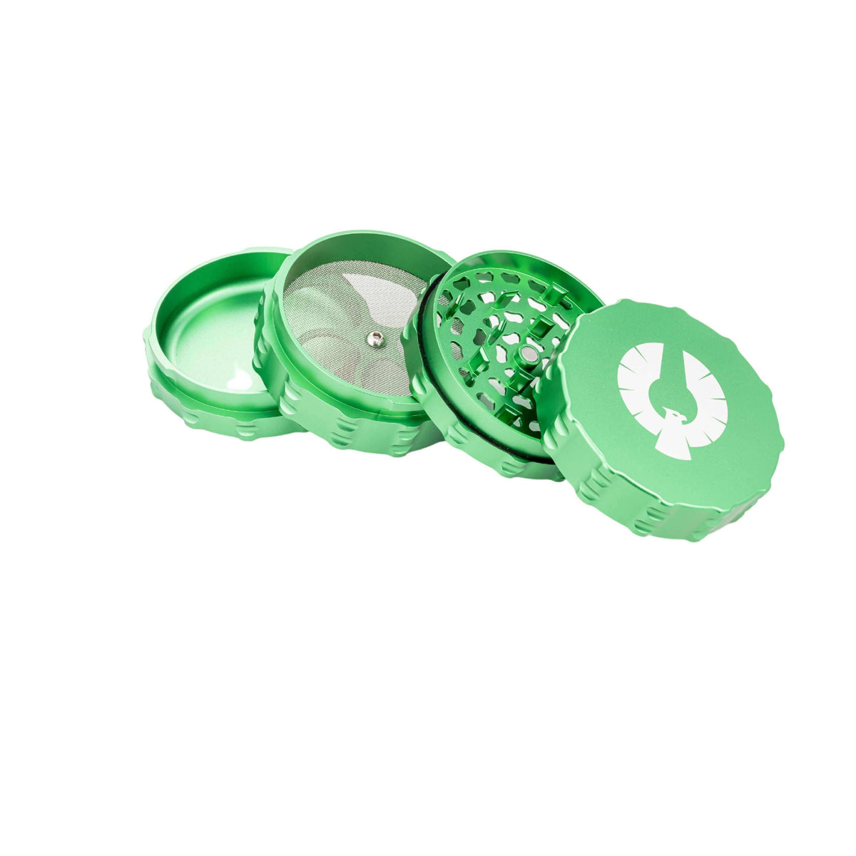 Green 4 Piece Large Flat Top herb grinder, made from aerospace-grade aluminum, perfect for cannabis enthusiasts.