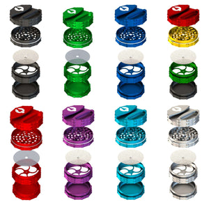 A colorful collection of Phoenician 4 Piece Large weed grinders with integrated ashtray and paper holder, showcasing various colors.