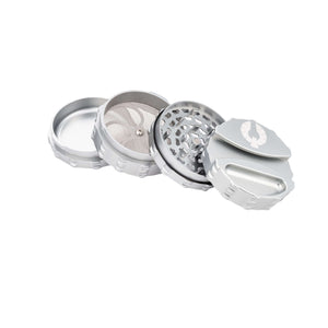 4-piece large weed grinder with ashtray and paper holder, sleek silver design for cannabis enthusiasts.