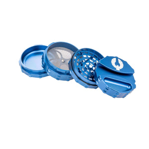 4 Piece Large blue weed grinder with paper holder and ashtray, designed for cannabis enthusiasts. Shop best weed grinder online.