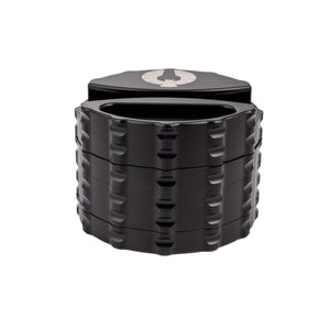 Phoenician 4 Piece Large weed grinder with built-in paper holder and ashtray in sleek black design.