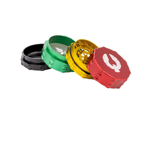 Colorful 4 piece medium herb grinder set showcasing black, green, gold, and red grinders for cannabis enthusiasts.