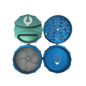 Large Neptune grinder in teal and blue, showcasing its unique design and compartments for herb grinding. Shop unique weed grinders for sale.