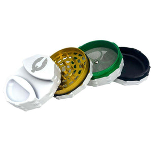 Limited Edition Super Moon herb grinder showcasing white exterior and vibrant rasta interior colors for cannabis enthusiasts.