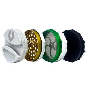 Limited Edition Super Moon herb grinder collection with white, gold, green, and black designs for cannabis enthusiasts.