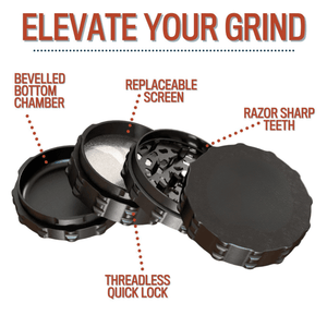 Custom 4 Piece Large Flat Top herb grinder showcasing features like beveled bottom chamber and razor sharp teeth.