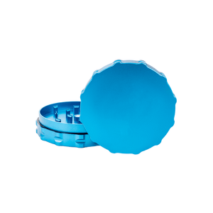 Custom blue 2-piece large weed grinder designed for dispensaries, showcasing durability and a sleek finish.