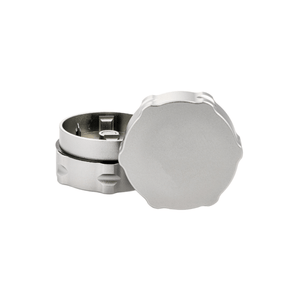 Custom weed grinder for dispensary in sleek silver finish, showcasing two-piece design and sharp teeth for effortless grinding.