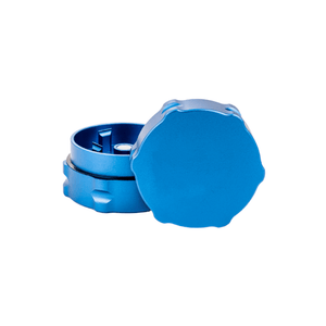 Custom blue 2 piece weed grinder for dispensary, featuring notched grooves and razor-sharp teeth for precise grinding.
