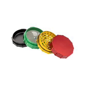 Custom 4 Piece Large Flat Top herb grinder set in vibrant colors, perfect for cannabis enthusiasts and quality performance.
