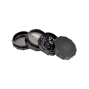 Custom 4 Piece Large Flat Top herb grinder showcasing premium design and functionality for cannabis enthusiasts.