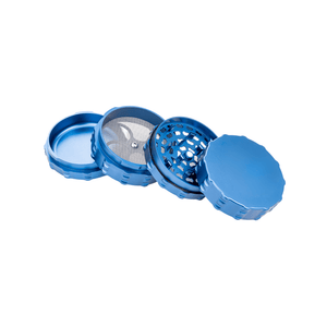 Custom 4 Piece Large Flat Top herb grinder in blue, showcasing premium design and durable aluminum construction.