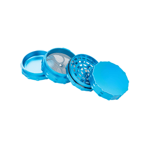 Custom blue 4 piece flat top herb grinder, crafted from premium aluminum for durability and performance. Ideal for cannabis enthusiasts.