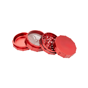 Custom 4 piece large flat top herb grinder set in vibrant red, showcasing premium design and quality craftsmanship.