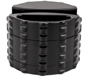 Custom 4 piece large black weed grinder with paper holder and ashtray for enhanced smoking experience.