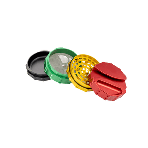 Custom 4 piece large weed grinder in red, green, yellow, and black, designed for optimal cannabis grinding and convenience.