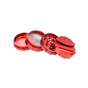 Red 4 piece large weed grinder with integrated paper holder and ashtray, showcasing precision craftsmanship.