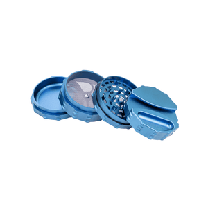 Custom blue 4 piece large weed grinder with paper holder and ashtray for an enhanced smoking experience.