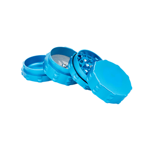 custom 4 piece grinder in blue, showcasing an innovative design for cannabis grinding and seamless performance.