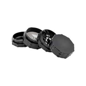 Custom 4 piece grinder showcasing aerospace-grade aluminum design and innovative features for cannabis grinding.
