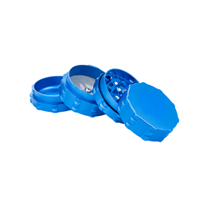 Custom 4 piece blue grinder with innovative design for optimal cannabis grinding performance.