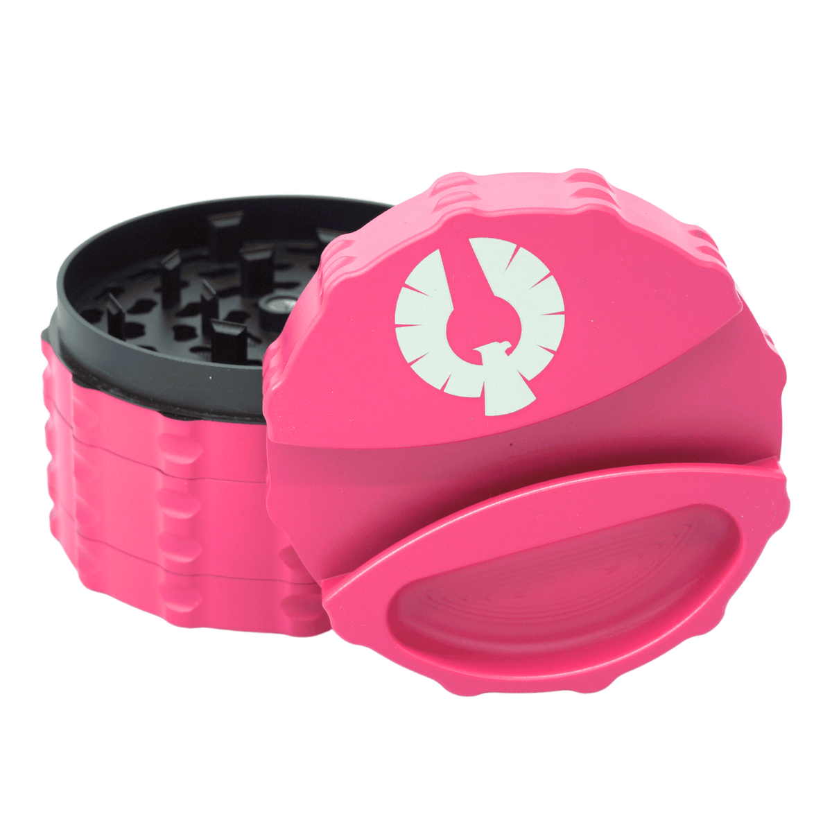 Cosmic Pulse pink weed grinder with sharp teeth and sleek design for effortless herb grinding.