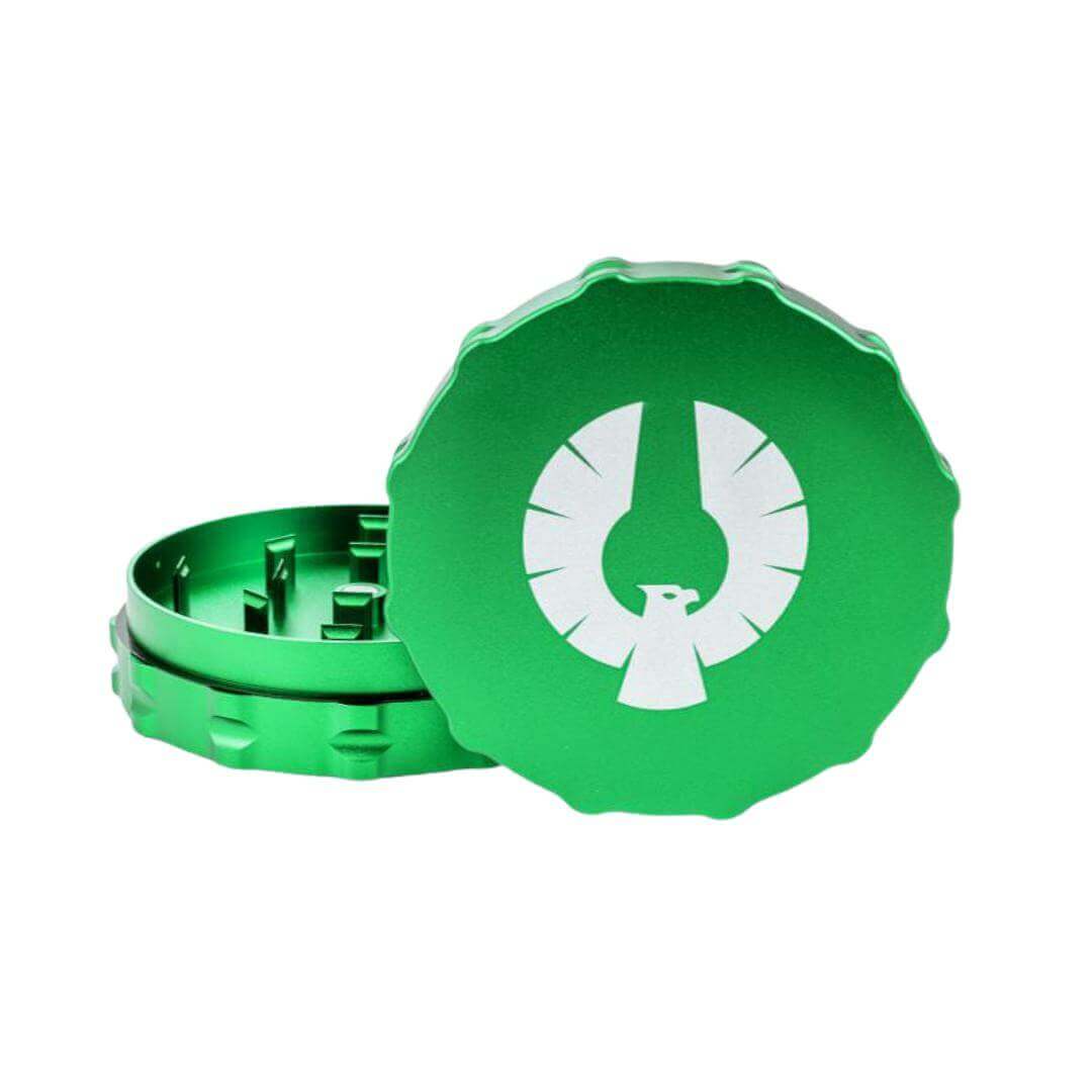 Phoenician 2 Piece Large Green Grinder with notched groove design for optimal herb grinding and precision performance.