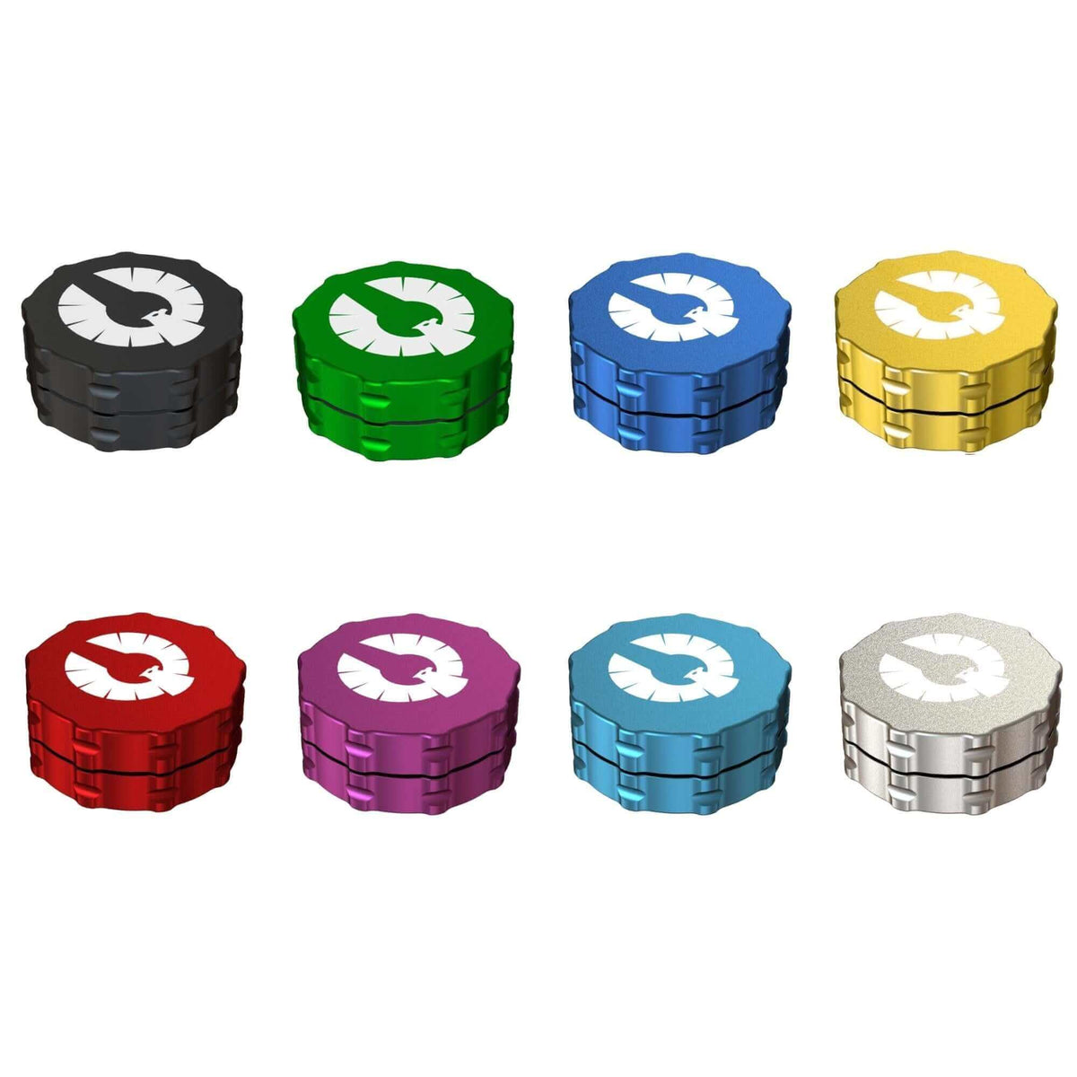 Colorful 2 piece herb grinders in various hues including black, green, blue, yellow, red, purple, silver, and teal.