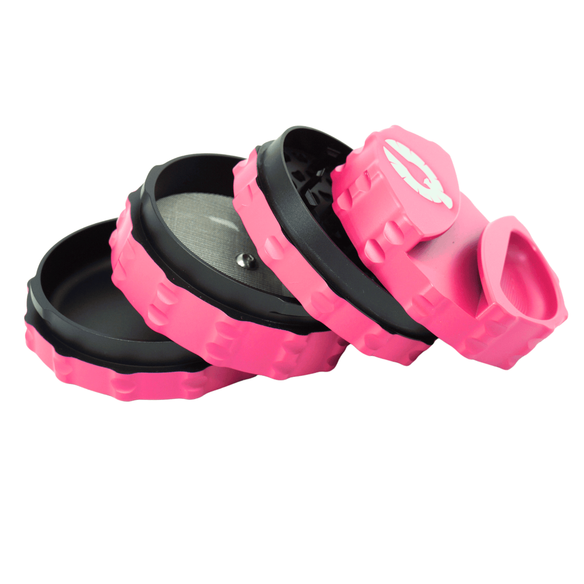 Cosmic Pulse pink weed grinder with three layers, featuring a sleek design and sharp grinding teeth for effortless herb grinding.