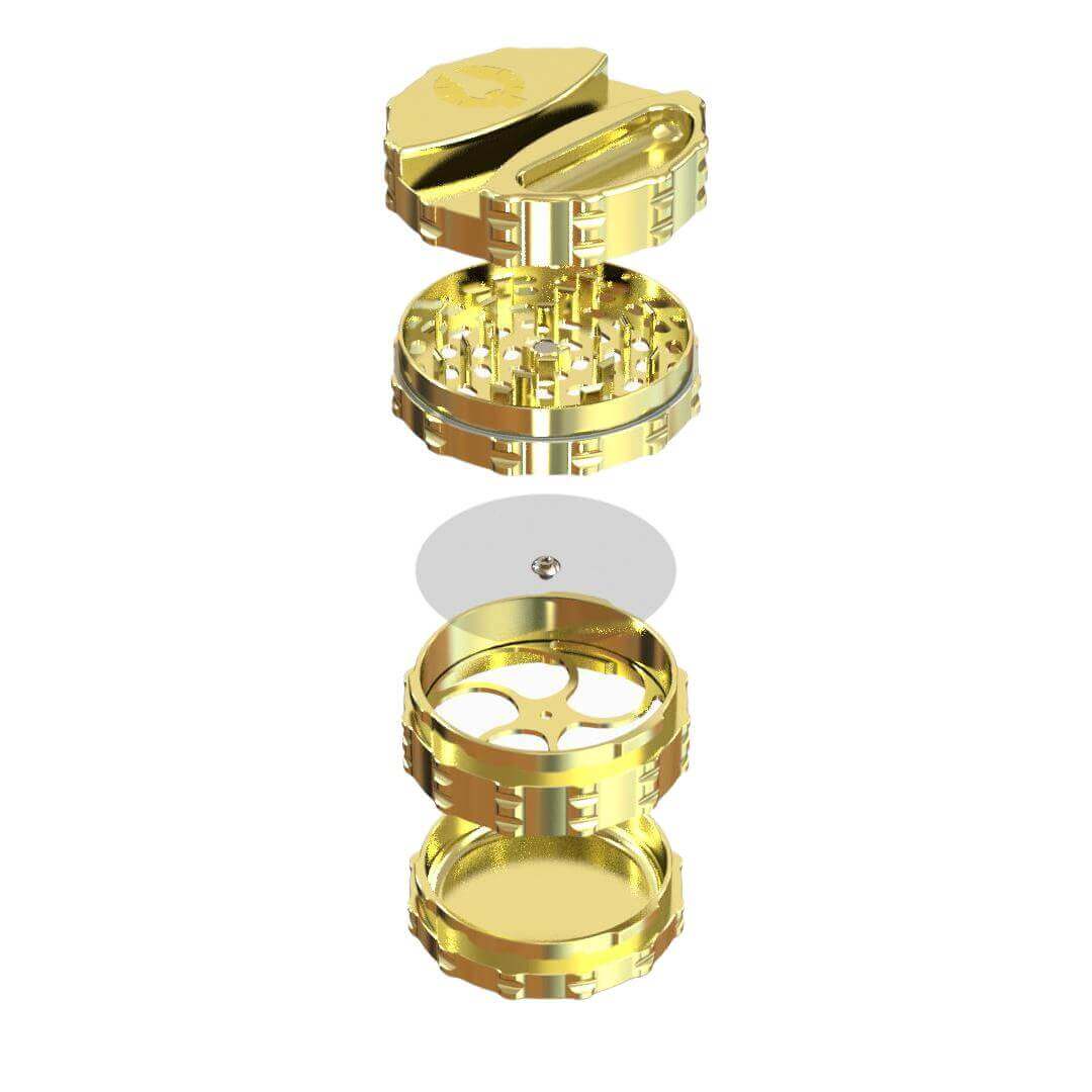 24K gold grinder with four pieces, showcasing a unique design for grinding herbs elegantly.