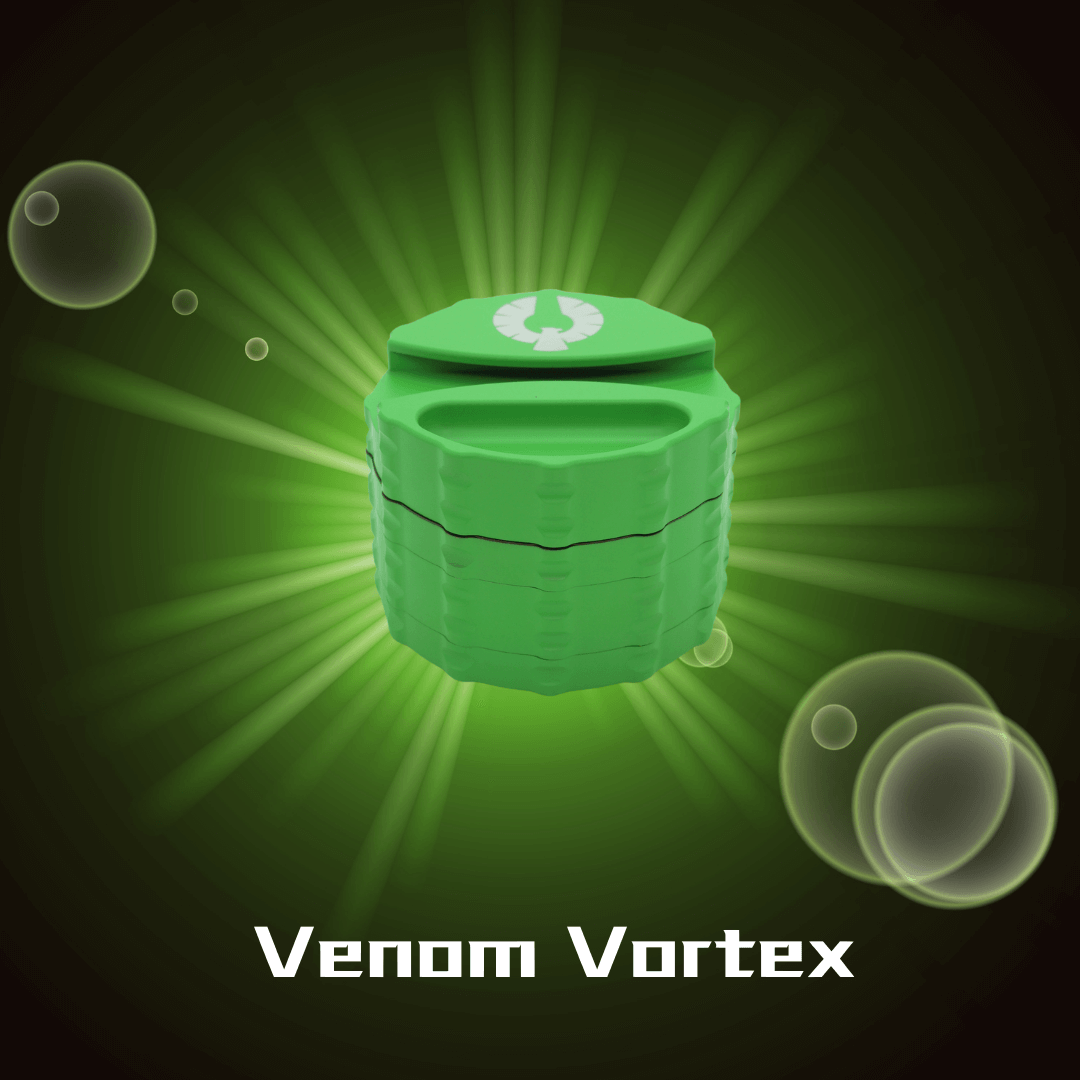 Venom Vortex herb grinder in vibrant green, showcasing its unique design and style from the Galactic Collection.