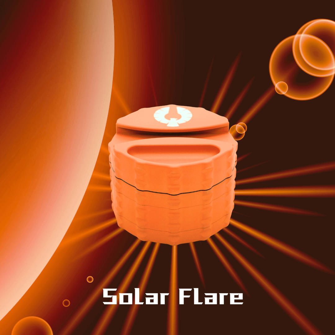 Solar Flare herb grinder in vibrant orange with cosmic design, perfect for efficient pot grinding from Phoenician Grinders.