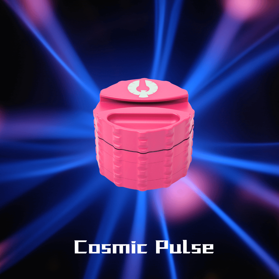 Cosmic Pulse pink weed grinder from Phoenician Grinders, featuring sharp teeth and a vibrant ceramic finish.