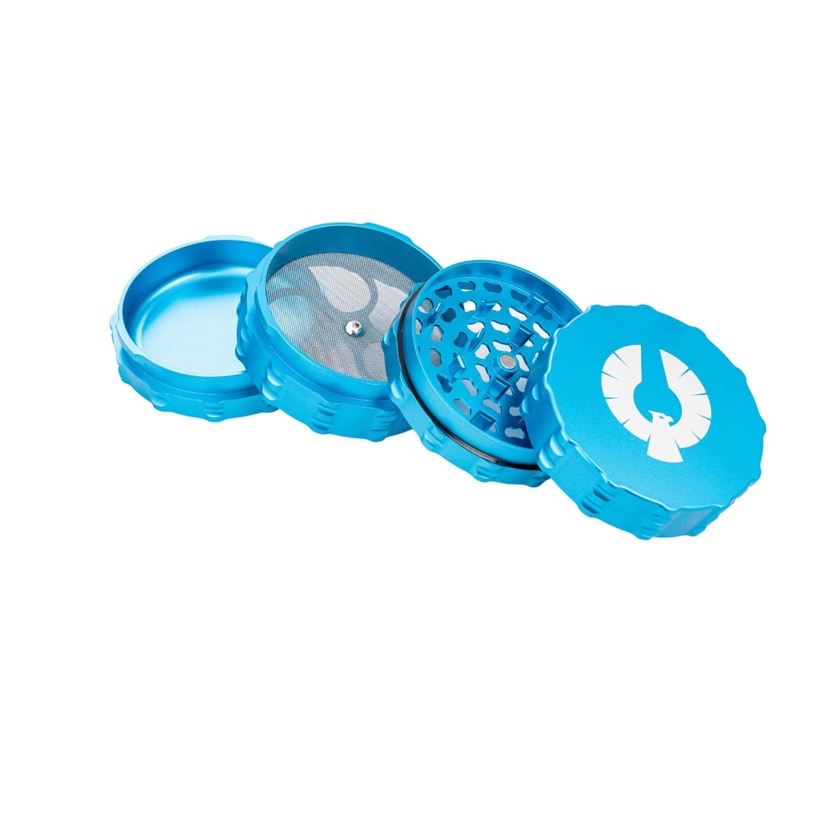 4 Piece Large Flat Top herb grinder in blue, showcasing its durable aluminum build and innovative design for efficient grinding.