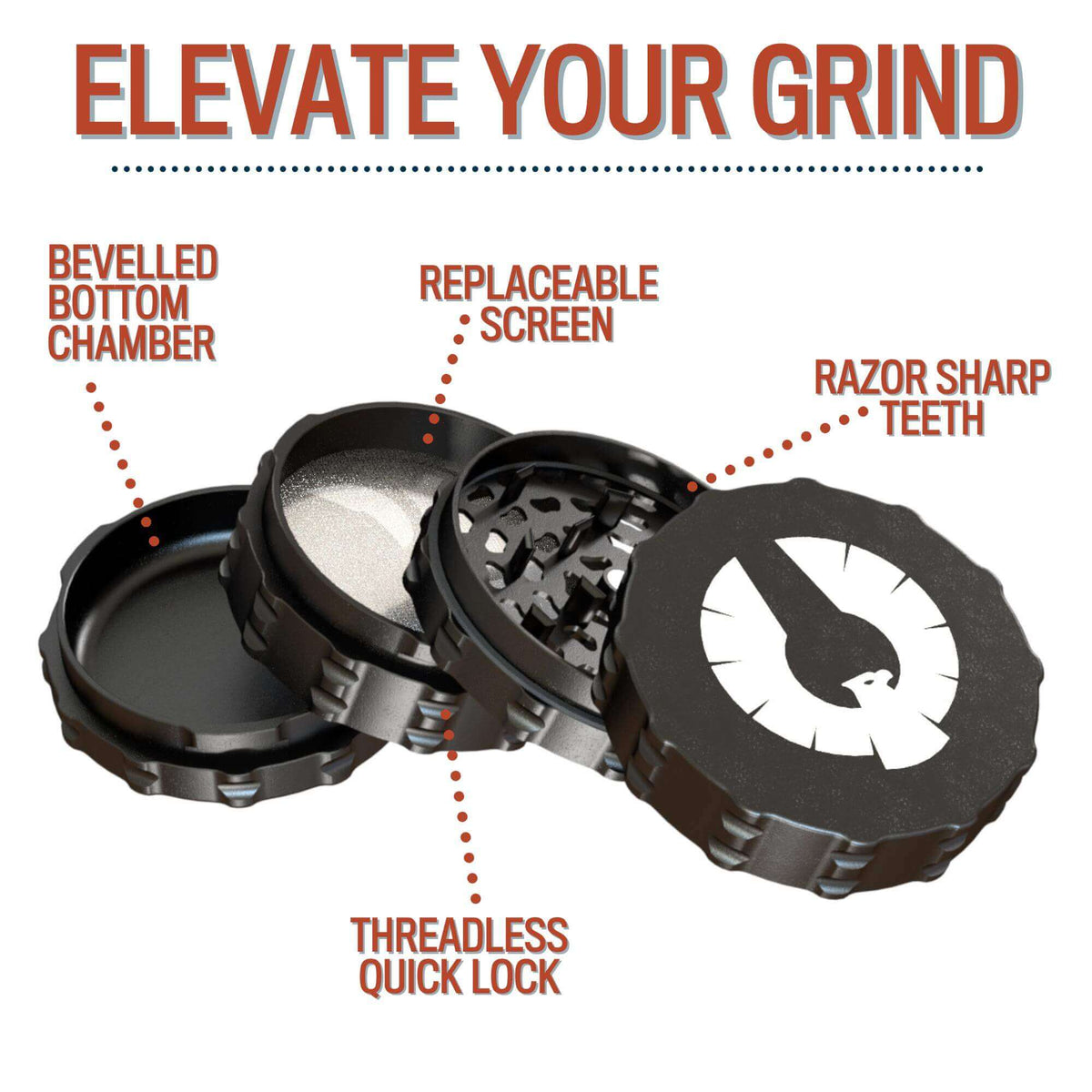 Phoenician 4 Piece Large Flat Top herb grinder showcasing features like razor sharp teeth and replaceable screen.