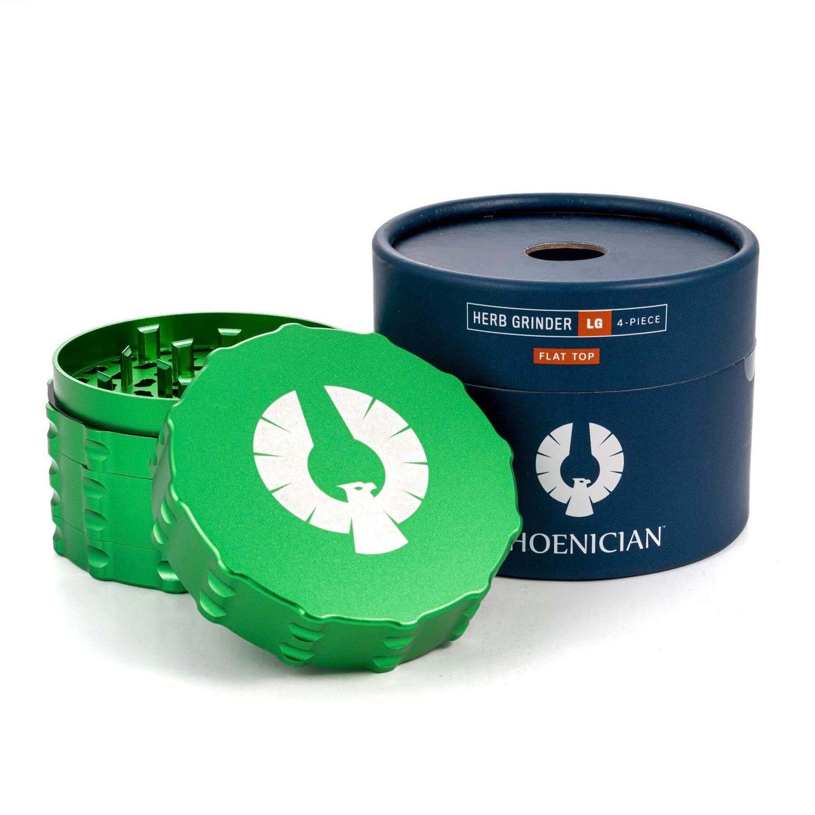 Colorful 4 piece large flat top herb grinder in red, yellow, green, and black, perfect for cannabis enthusiasts.