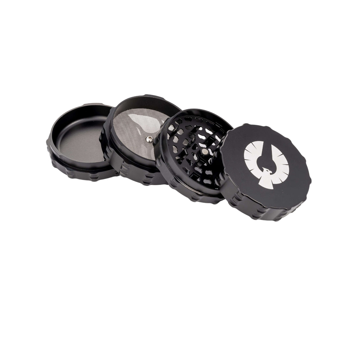 4 Piece large flat top herb grinder showcasing its open compartments and sleek design, perfect for cannabis enthusiasts.