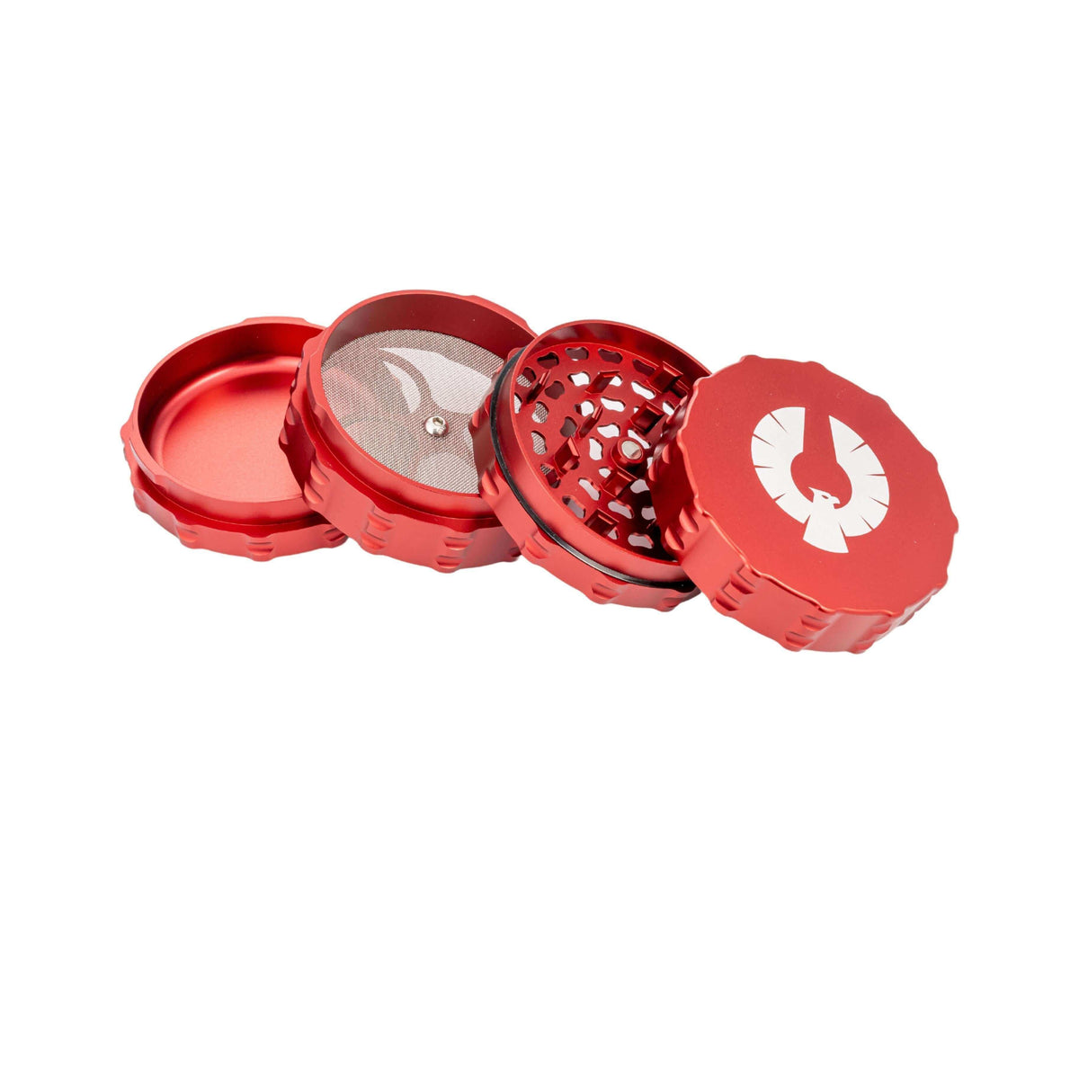 Red 4 piece large flat top herb grinder open, showcasing premium design and durable aircraft-grade aluminum construction.