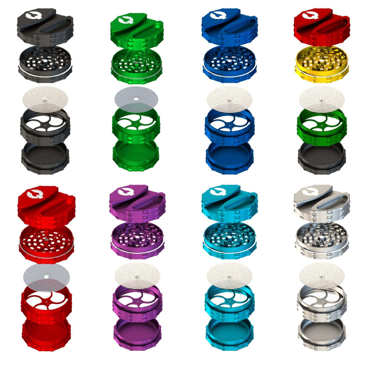 A colorful collection of Phoenician 4 Piece Large weed grinders with integrated ashtray and paper holder, showcasing various colors.