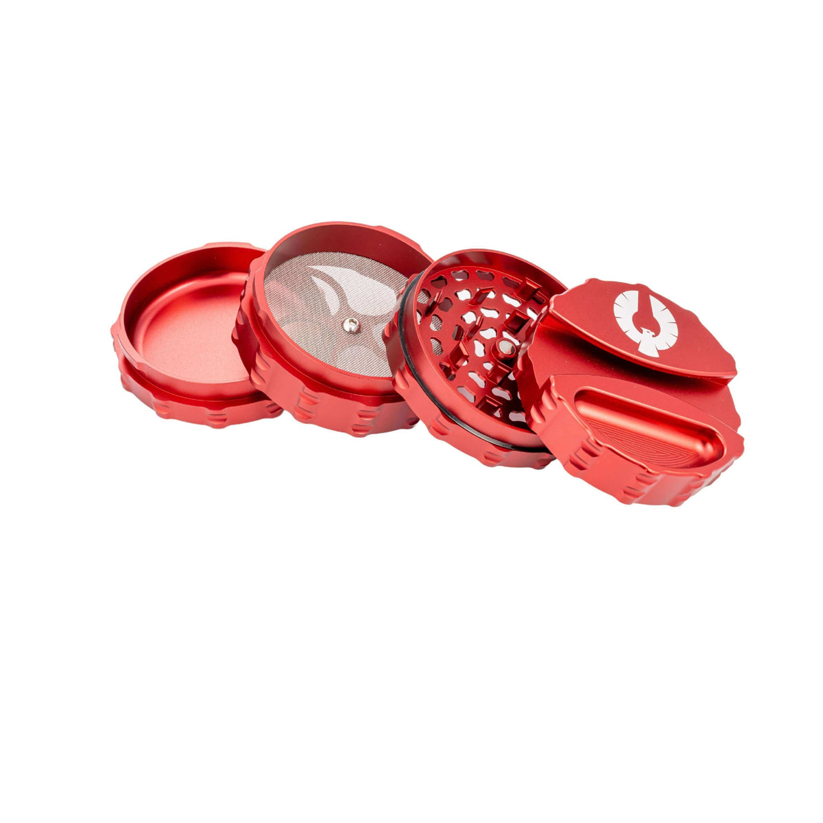 Red 4-piece large weed grinder with paper holder and ashtray for enhanced cannabis experience.