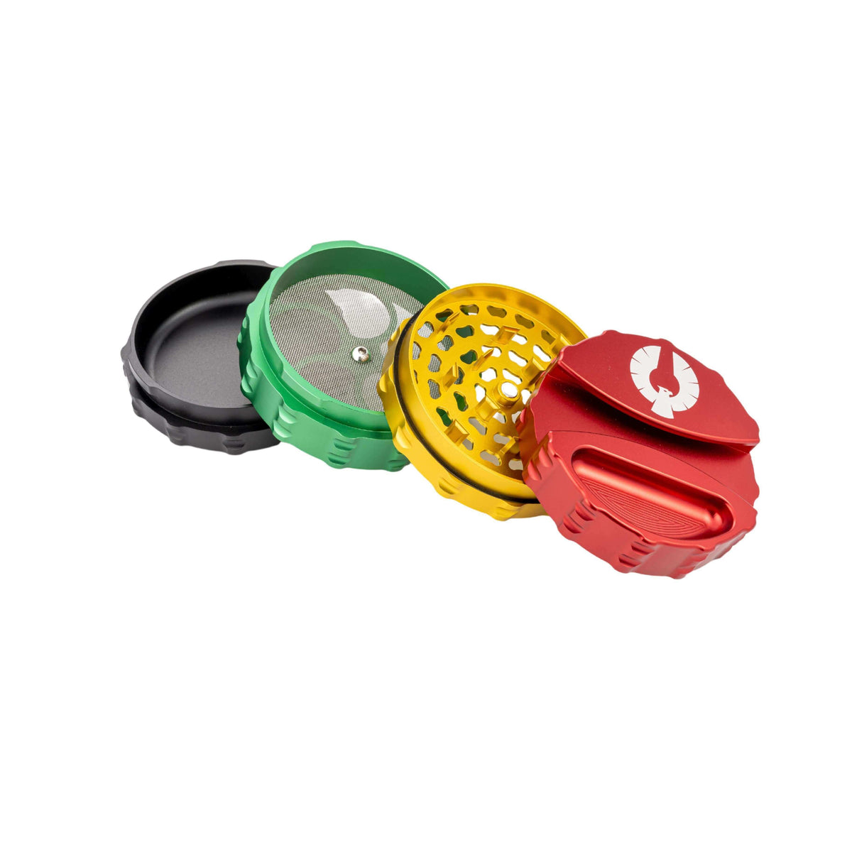 4 piece large weed grinder with vibrant colors, featuring ashtray and paper holder, crafted for optimal cannabis preparation.