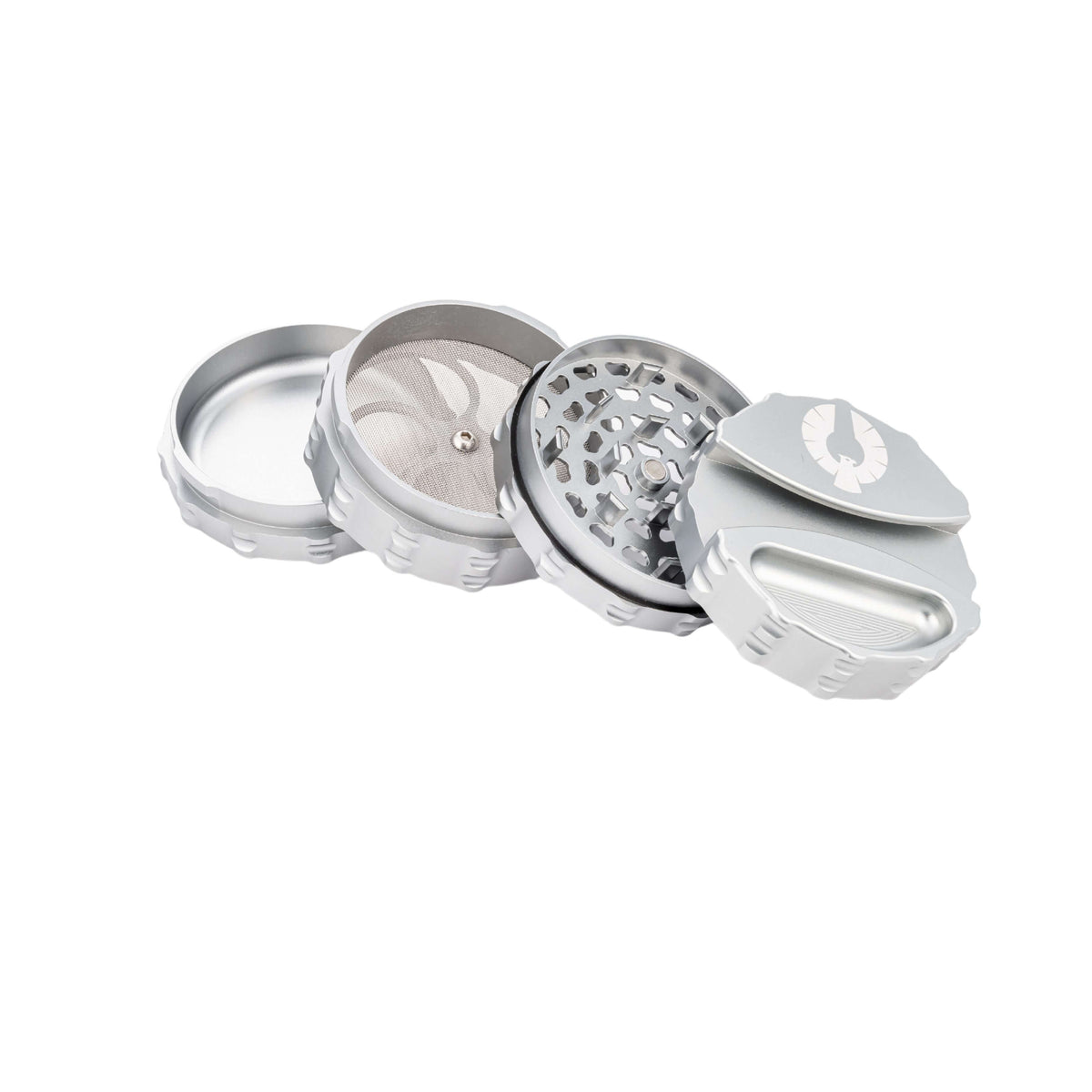 4-piece large weed grinder with ashtray and paper holder, sleek silver design for cannabis enthusiasts.