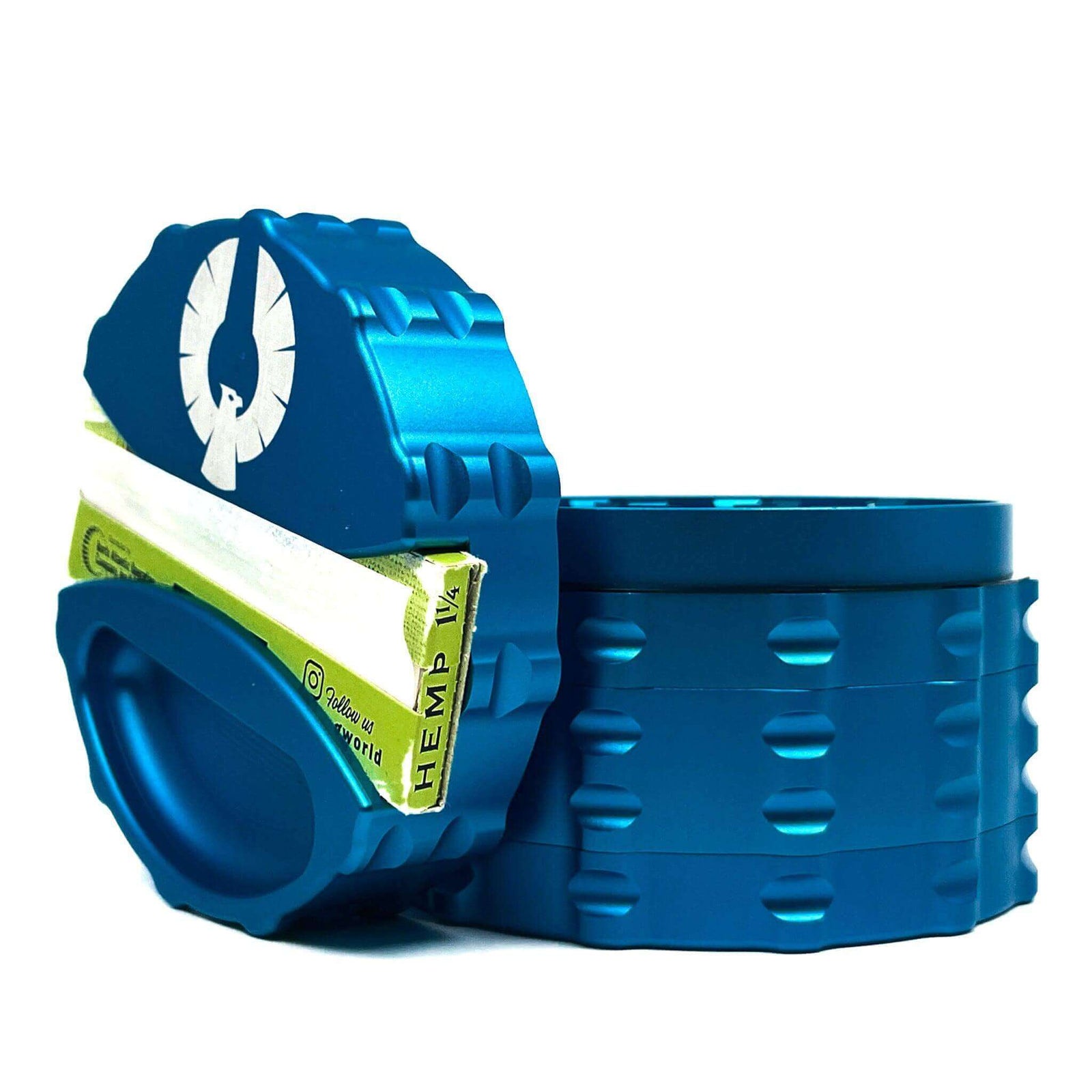 4 Piece Large Phoenician weed grinder with integrated paper holder and ashtray, featuring a sleek blue design.