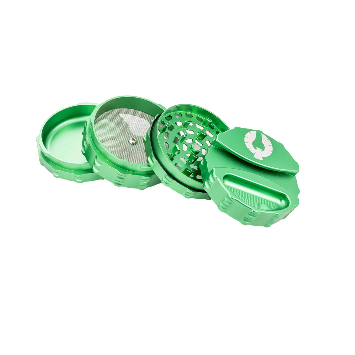 Green 4 piece weed grinder with built-in paper holder and ashtray, designed for optimal cannabis preparation and enjoyment.